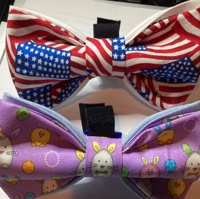 Custom set of large pet bow ties for Easter and July 4th with velcro closure