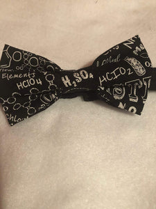 Chalkboard Chemistry equations and science themed cotton bow tie, adult size pre-tied with up to 18" adjustable black cotton twill strap
