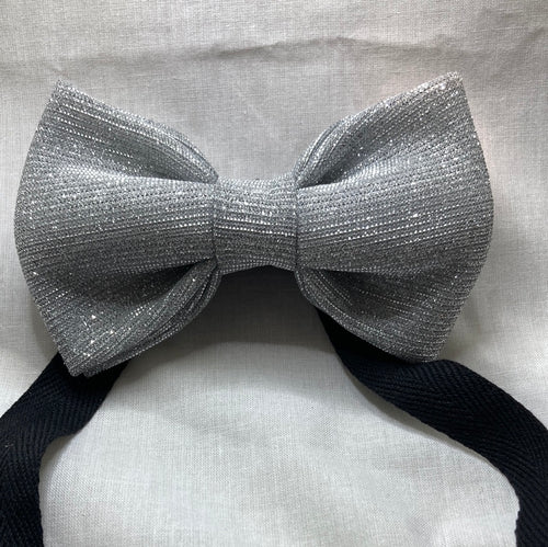 Silver shimmer fancy style  bow tie adult sized with up to 20inch adjustable strap.