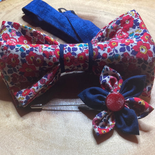 Persimmon red and navy blue floral tana lawn  pre-tied bow tie adult size with coordinated cotton strap and lapel pin