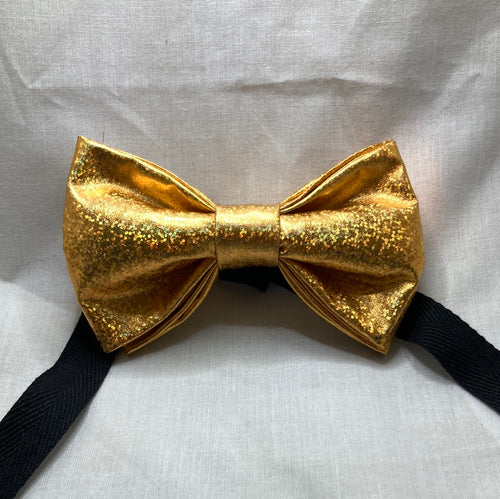 Yellow Gold Metallic Bow tie with glitter and shimmer facets, adult sized with up to 20' adjustable strap