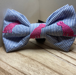 Pink Embroidered Seersucker Striped fancy Pet bow tie