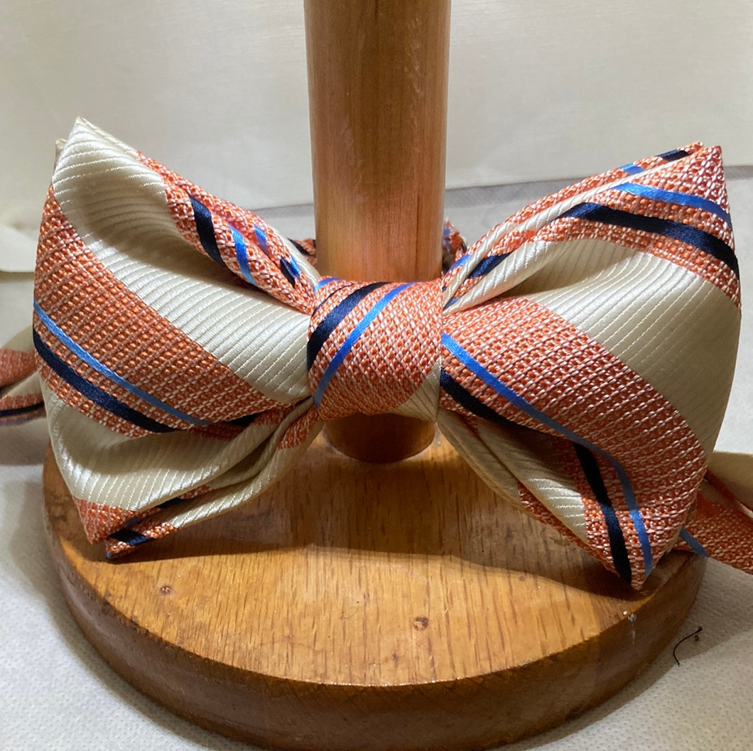 Repurposed white and peach silk with navy blue striped textured bow tie