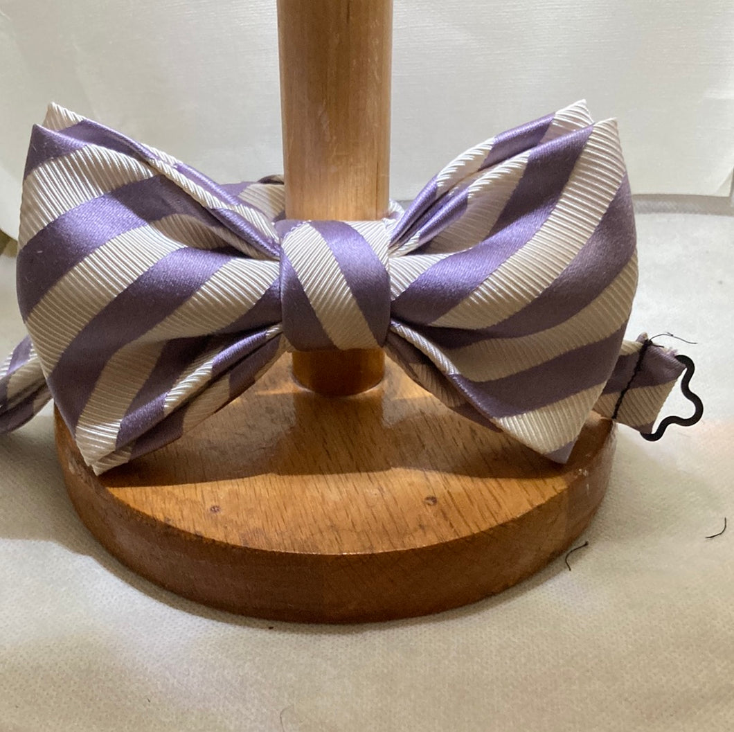 Repurposed white and lavender candy cane striped silk bow tie