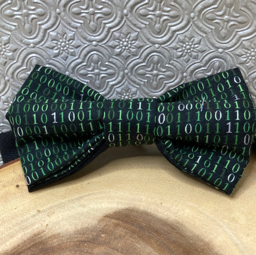 binary code computer themed bow tie pre-tied with adjustable neck strap.