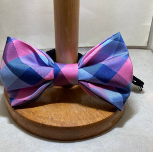 Repurposed pink and blue harlequin silk bow tie