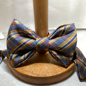 Repurposed gray and gold plaid striped silk bow tie