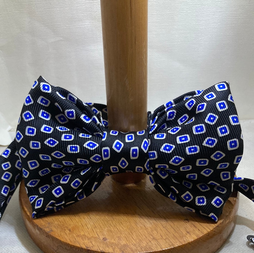 Repurposed black silk with white and royal blue geometric pattern
