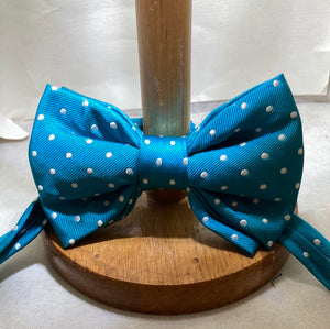 Repurposed turquoise and white polka dot silk bow tie