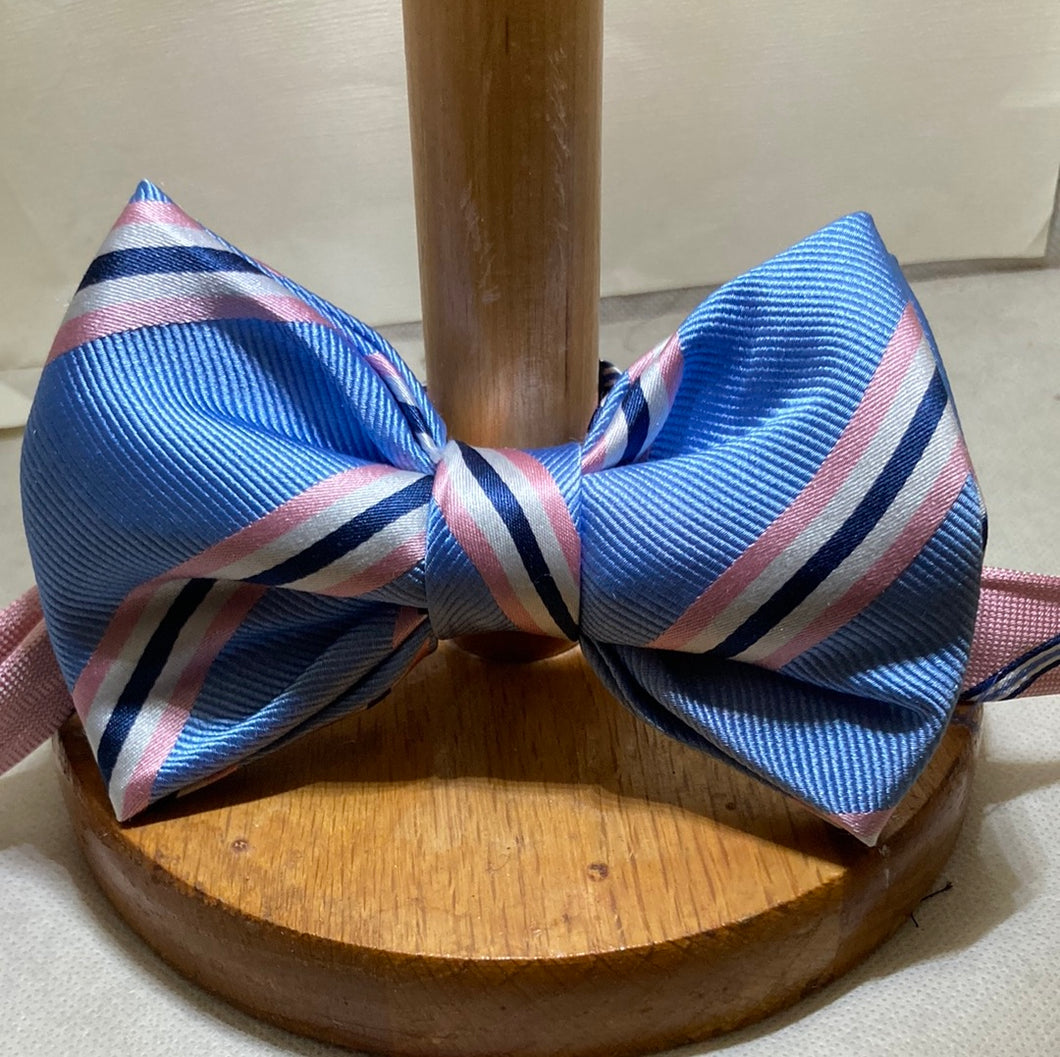 Repurposed baby blue, pink and white striped silk bow tie