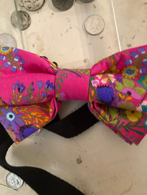 Fuscia Floral pre-tied cotton bow tie adult sized with adjustable black cotton twill neck strap