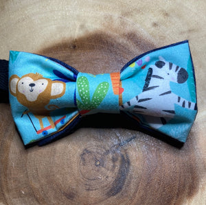 Blue Zoo Animals cotton pre-tied bow tie with up to 16 inch cotton adjustable black twill neck strap