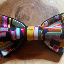 Load image into Gallery viewer, Marion&#39;s Library Bookworm Themed  adult pre-tied bow tie with 18&quot; inch adjustable strap