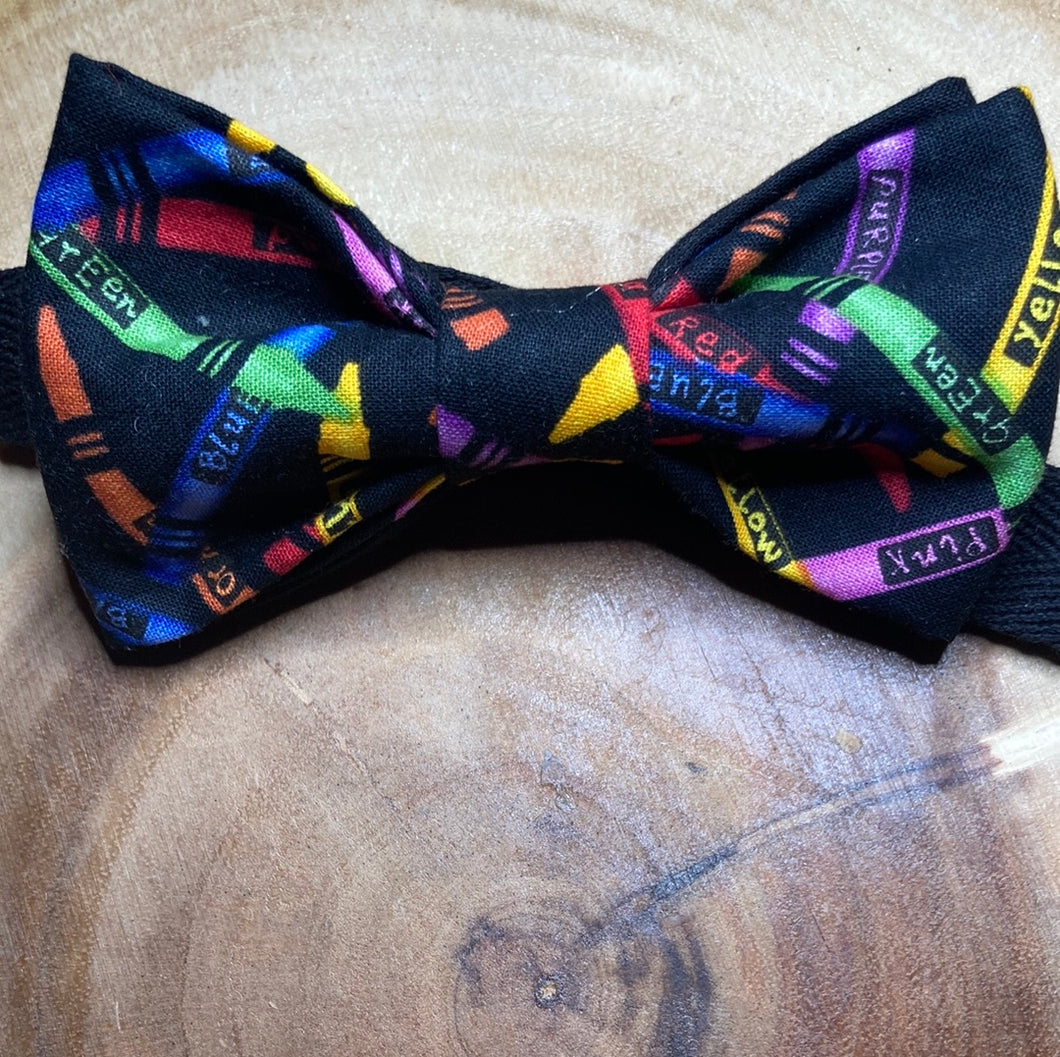 Colorful themed crayon box print kids bow tie, pre-tied cotton with up to 16' inch adjustable strap