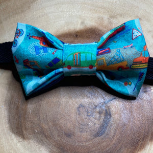 kids Buses, trucks, plains and boats themed blue cotton bow tie with up to 16' inch adjustable strap