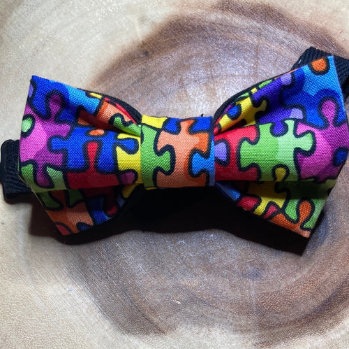 Autism Awareness  puzzle piece cotton bow tie with up to 20 inch black cotton twill strap