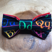 Load image into Gallery viewer, Alphabet lined writing paper, letters cotton bow tie in two colors , pre-tied cotton with adjustable strap