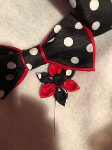 Black and white satin polka dot  with red accent  pre-tied bow tie , with up to 18" adjustable black cotton twill strap w/lapel pin