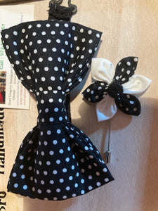 Black and white polka dot cotton pre-tied bow tie with up to 18" cotton twill strap and lapel pin