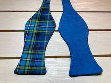 Load image into Gallery viewer, Classic Blue  and green plaid Tartan styled cotton self tie bow tie with up to 20inch adjustable neck length