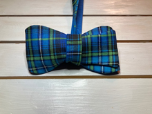 Load image into Gallery viewer, Classic Blue  and green plaid Tartan styled cotton self tie bow tie with up to 20inch adjustable neck length