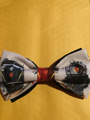 Train and engine themed cotton pre-tied bow tie with 18” adjustable strap.