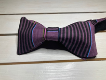 Load image into Gallery viewer, Purple and black striped  butterfly styled  cotton bow tie , self tie  adjustable up to 20 inches