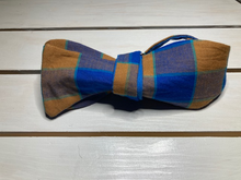 Load image into Gallery viewer, Brown and Cobalt blue plaid cotton bow tie with up to 20&quot; adjustable neck