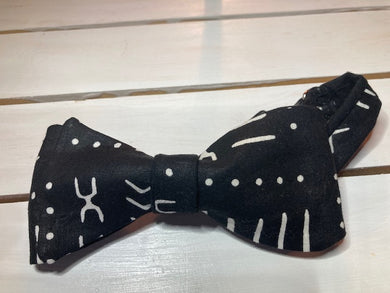 African inspired black mudcloth print styled self tie , cotton ,butterfly sized, bow tie with up to 20' adjustable neck