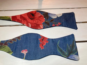 Floral print on lightweight cotton denim self tie bow tie with up to 20 " adjustable neck