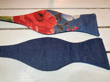 Load image into Gallery viewer, Floral print on lightweight cotton denim self tie bow tie with up to 20 &quot; adjustable neck