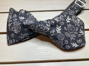 Grey and white floral cotton print bow tie, butterfly styled with up to 20 inch adjustable neck.