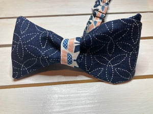 Denim Blue dotted floral cotton print  reversible butterfly bow tie with up to 20 inch adjustable neck