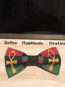 Red, Black and Green Ankh cotton bow tie, pre-tied with black cotton twill adjustable strap up to 18"