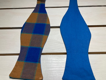 Load image into Gallery viewer, Brown and Cobalt blue plaid cotton bow tie with up to 20&quot; adjustable neck