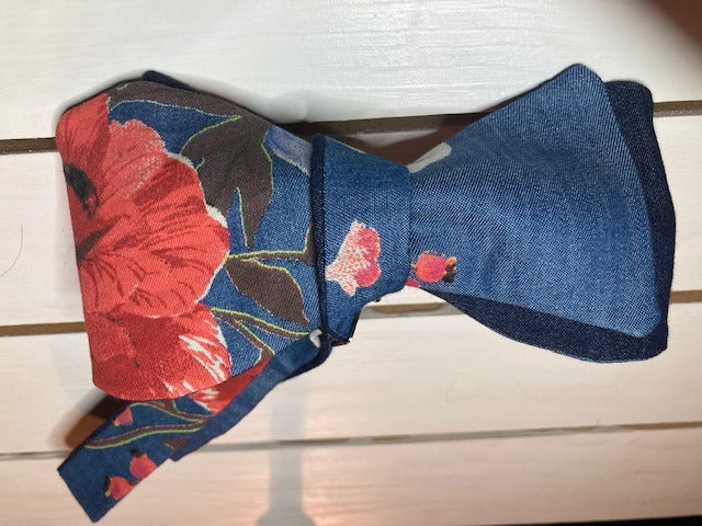 Floral print on lightweight cotton denim self tie bow tie with up to 20 