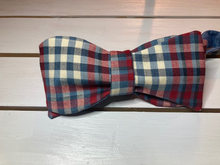 Load image into Gallery viewer, Classic pale red white and blue plaid self tie bow tie ,butterfly style with up to 20&quot; adjustable neck length