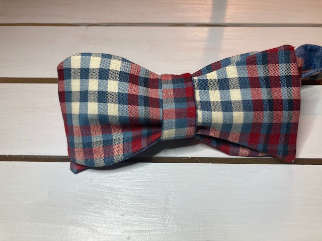 Classic pale red white and blue plaid self tie bow tie ,butterfly style with up to 20