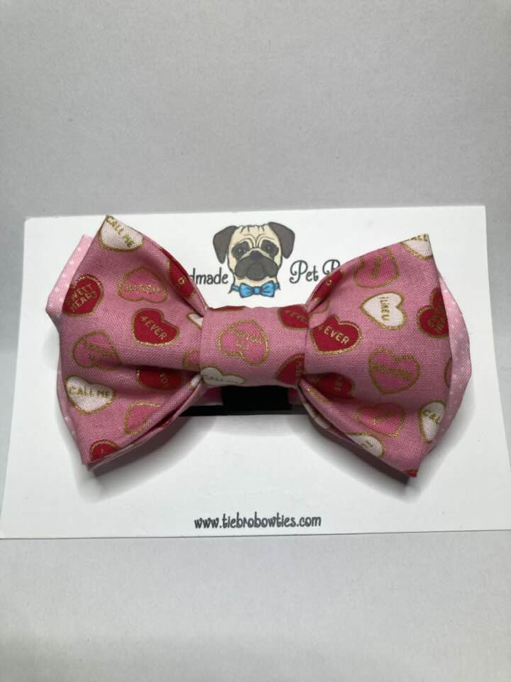 Candy hearts pink cotton themed valentines bowtie for pets with Velcro closure