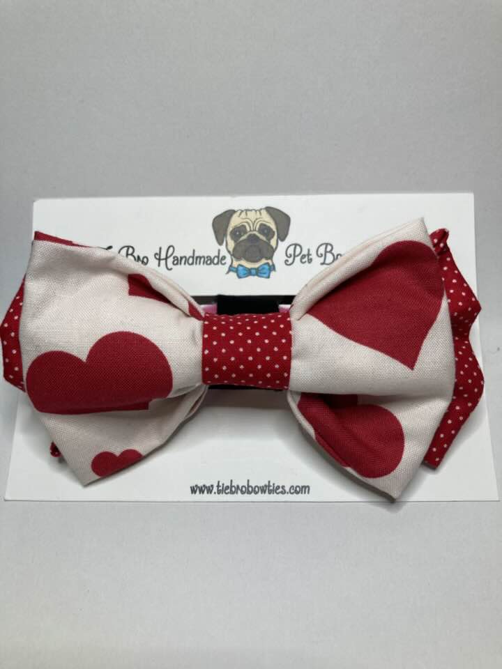 Cream and bright red hearts with red polka dot accent cotton pet bow tie