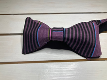 Load image into Gallery viewer, Purple and black striped  butterfly styled  cotton bow tie , self tie  adjustable up to 20 inches