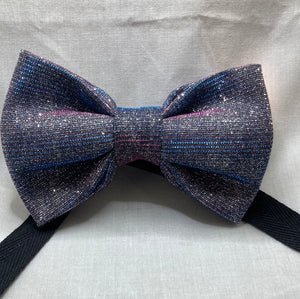 Dark Grey with violet and  blue iridescent shimmer fancy style  bow tie adult sized with up to 20inch adjustable strap.