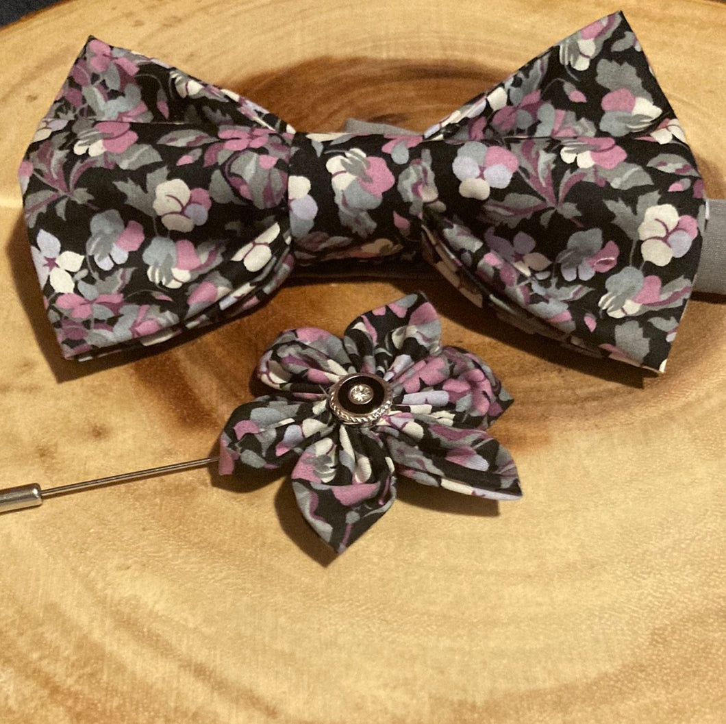 Black, gray and pink floral Liberty of Lindon tana lawn cotton bow tie with matching lapel pin
