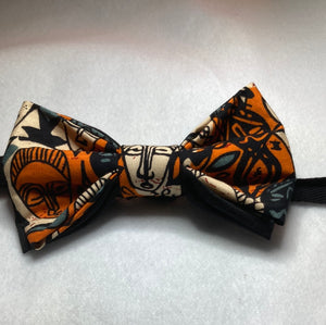 African masks cotton bow tie, perfect for black history month or anytime, up to 20 inch adjustable black cotton twill strap