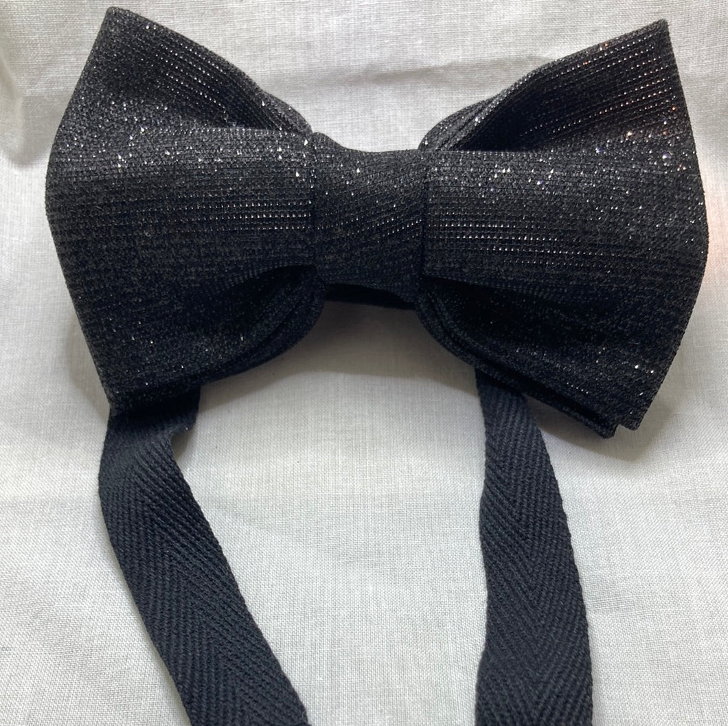 Black shimmer fancy style bow tie adult sized with up to 20inch adjustable strap