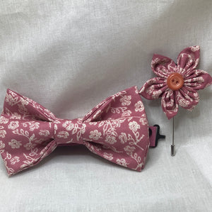 Dusty pink deep blush Stylish Elegant floral cotton pre-tied bow tie with coordinated cotton strap & lapel pin