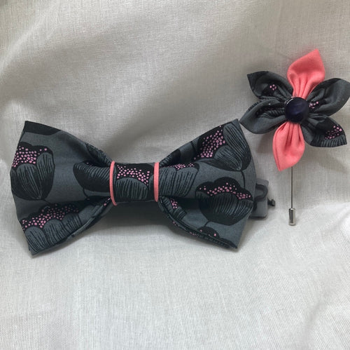 Grey Black and neon pink tulip floral print cotton bow tie with coordinated cotton strap with lapel pin