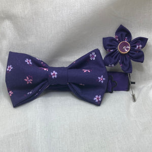 Russian Violet and Lavender floral cotton adult bow tie with coordinated cotton strap and lapel pin