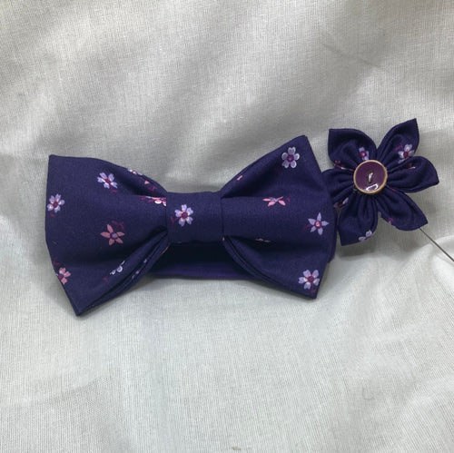 Russian Violet and Lavender floral cotton adult bow tie with coordinated cotton strap and lapel pin