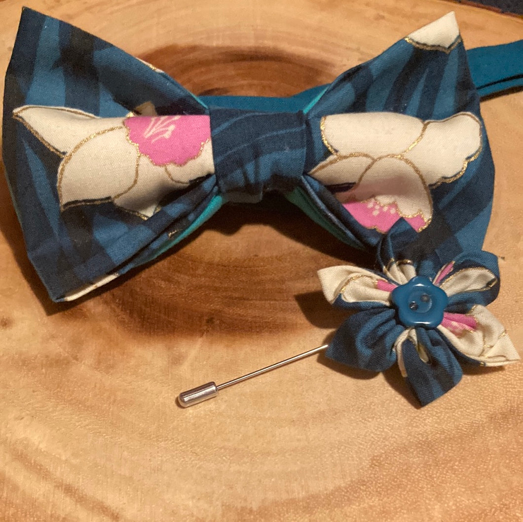 Teal Trumpet daffodil orchid and white floral cotton bow tie with matching lapel pin